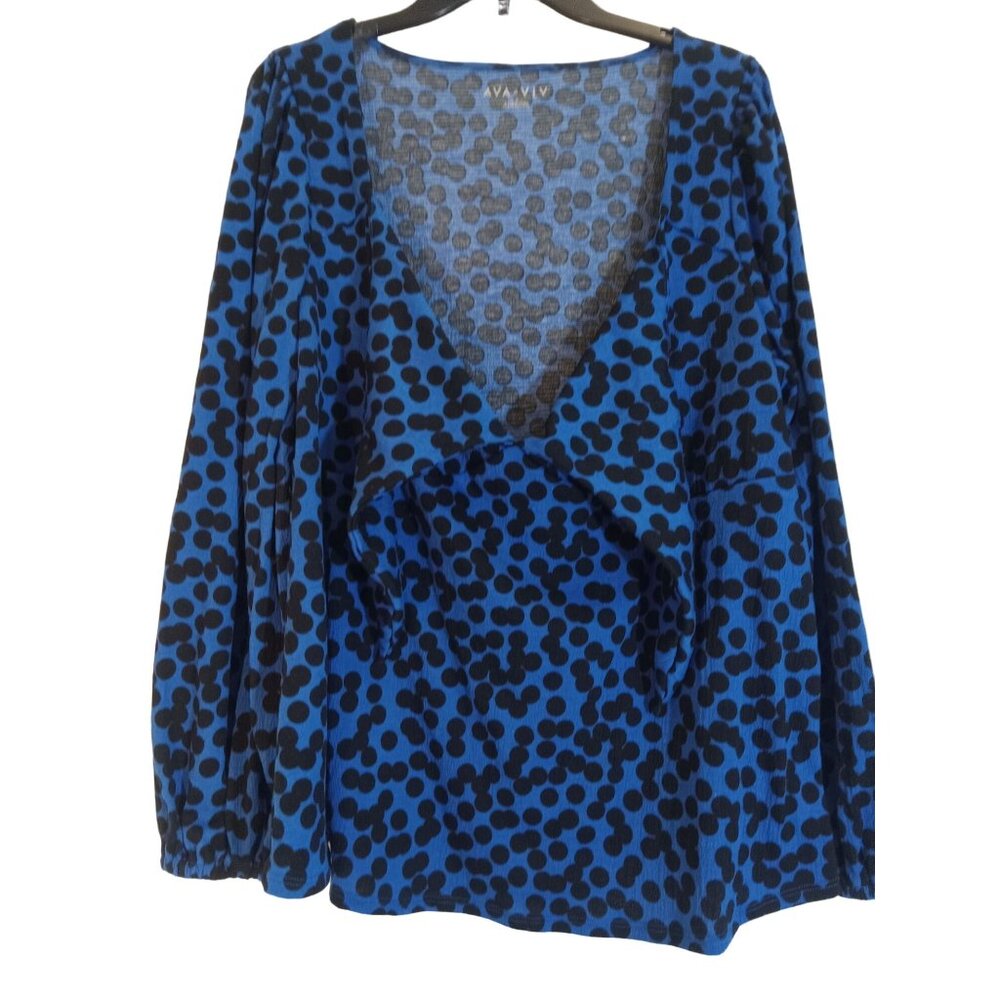 Ava & Viv Barbiecore Top Womens Size 1X Royal Blue Black Polka Dot Scoopneck